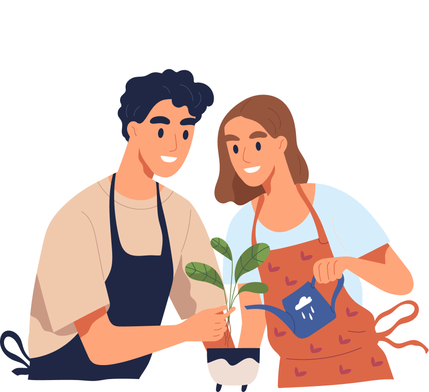 Two friends gardening and watering a plant