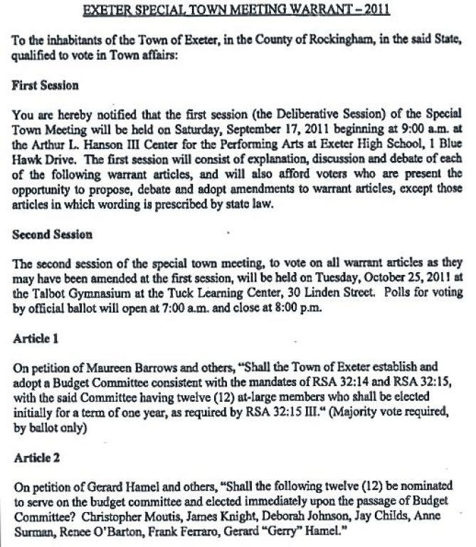 DOCUMENT Budget Committee Warrant Exeter NH Patch