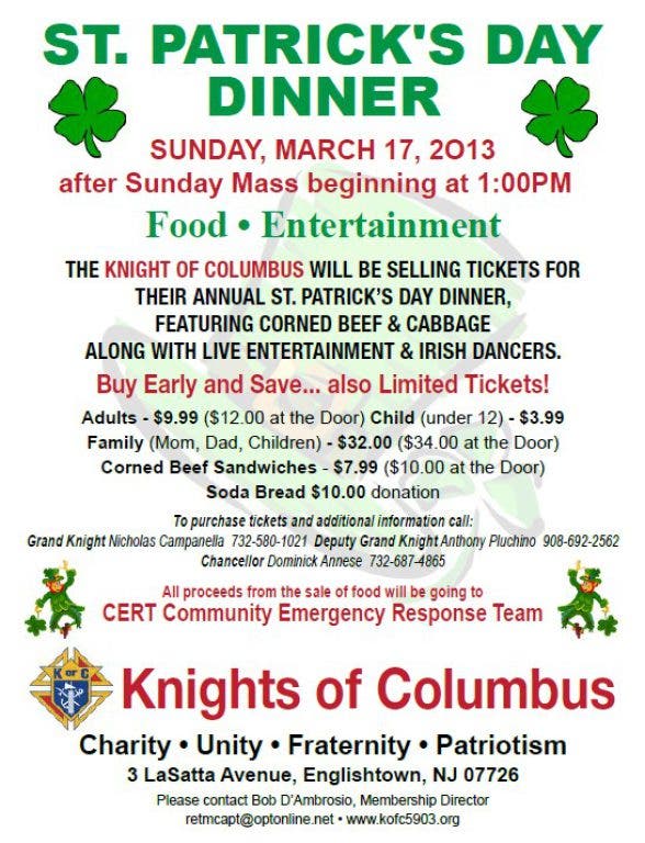 Englishtown Knights of Columbus Annual St. Patrick's Day Dinner