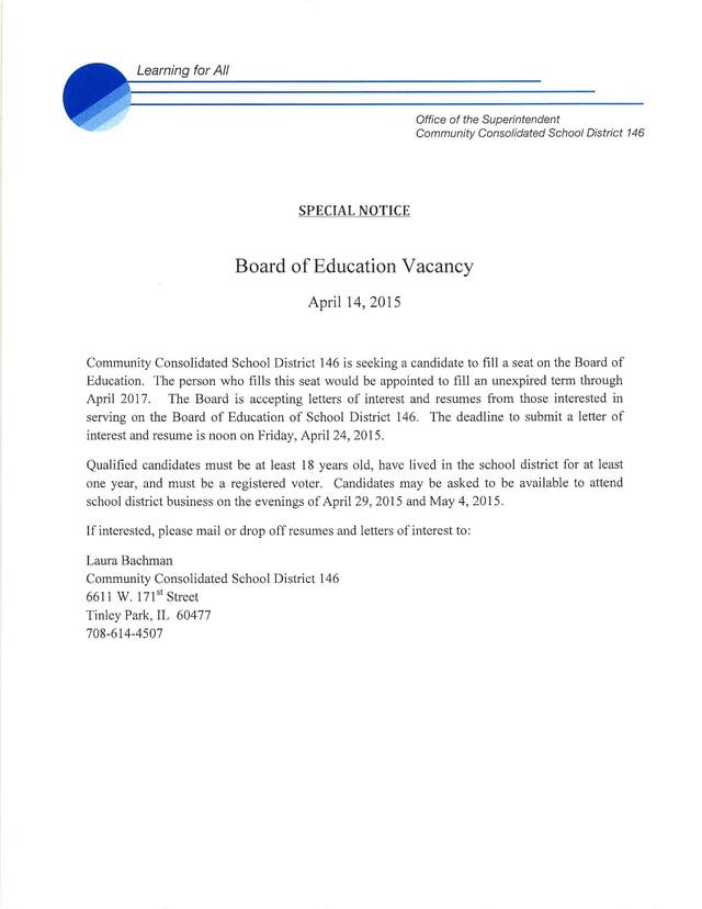 School District 146 Board of Education Seeks Candidate to Fill Vacancy ...