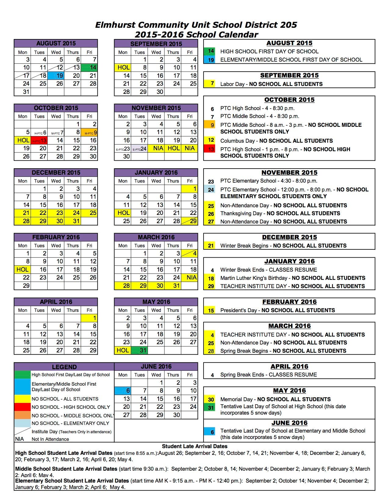 Elmhurst District 205 School Year Calendar 2015-16 | Elmhurst, IL Patch