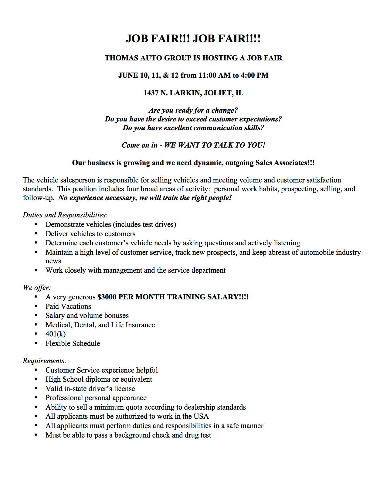 Thomas Auto Group Job Fair | Joliet, IL Patch