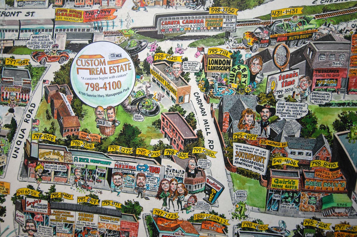 1996 Massapequa illustrated cartoon map by Jeff Slemons - "THE ORIGINAL ART" | Massapequa, NY Patch