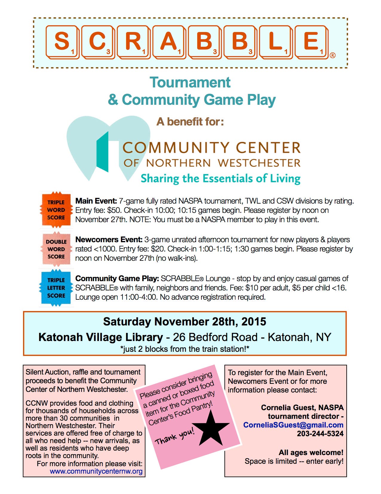 Day of SCRABBLE(R) to benefit the Community Center of Northern Westchester Bedford, NY Patch