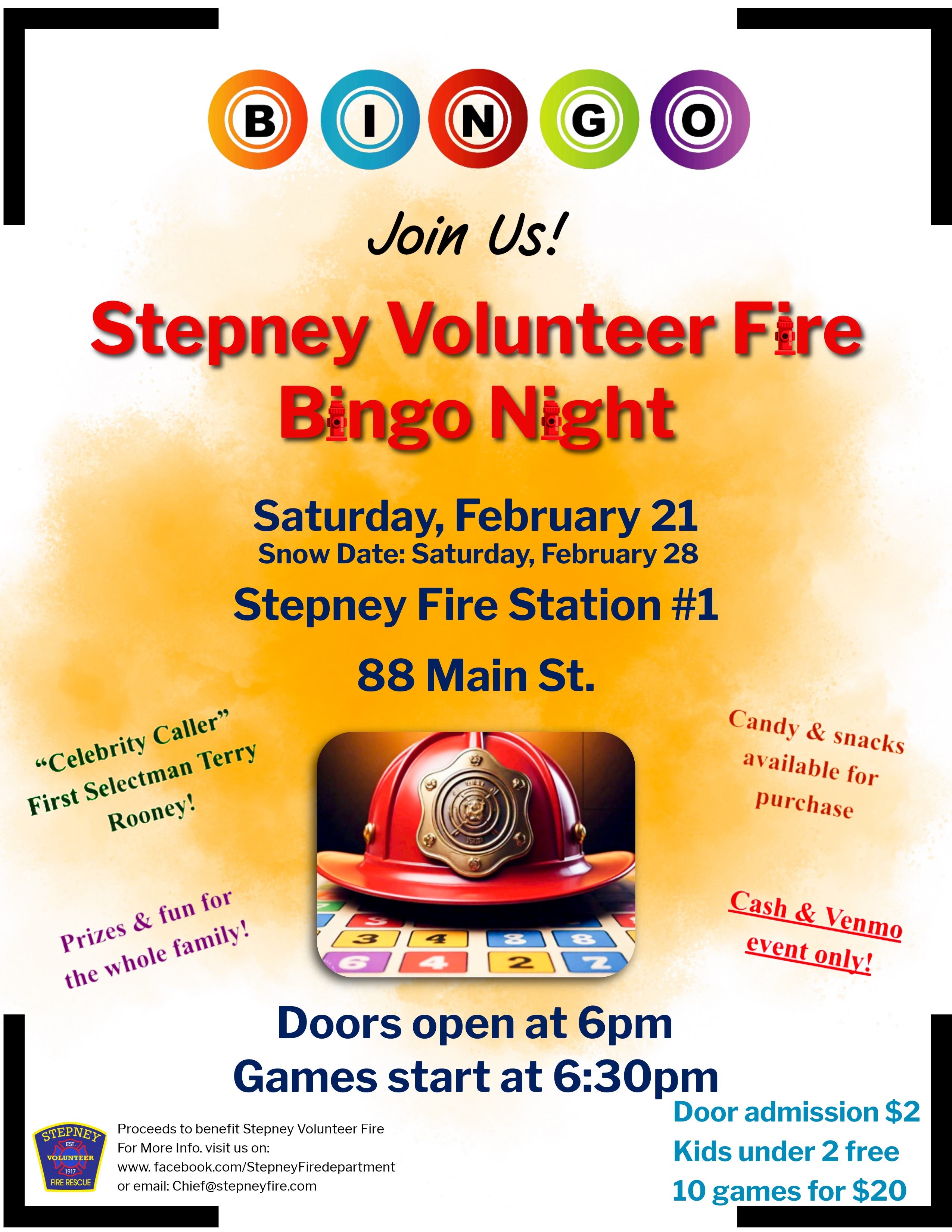 🚨 Stepney Fire Bingo Night with Terry Rooney 🚨(Snow Date  Feb. 28)