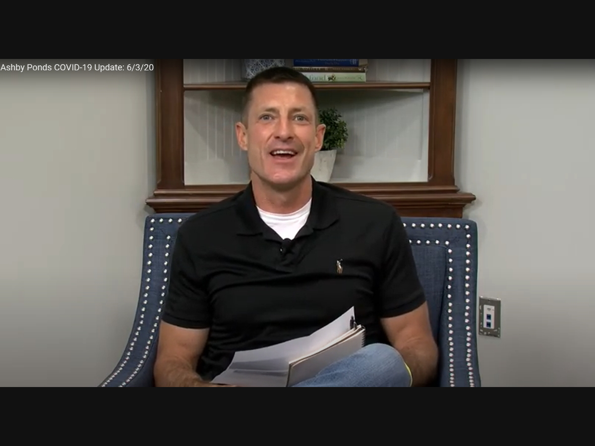 Will Nance, Executive Director of Ashby Ponds, provides an update to residents via the Erickson Living community’s in-house TV station.