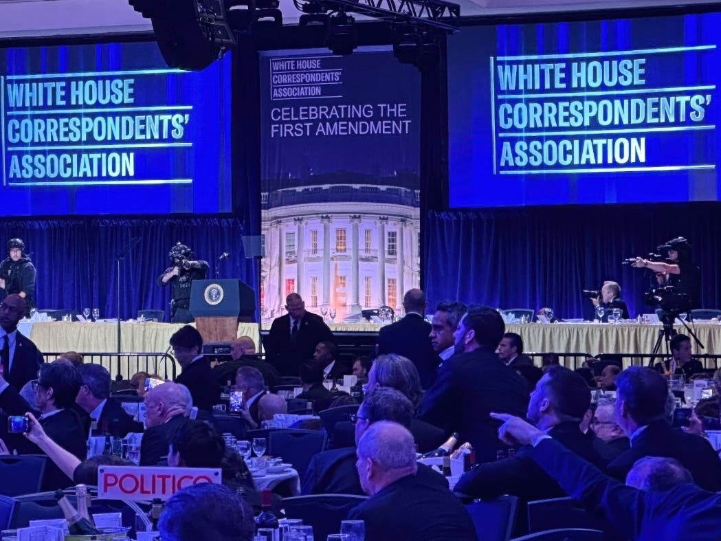 Members of the U.S. Secret Service counter assault team stand on the stage after a shooting incident outside the ballroom during the White House Correspondents Dinner, Saturday, April 25, 2026, in Washington.