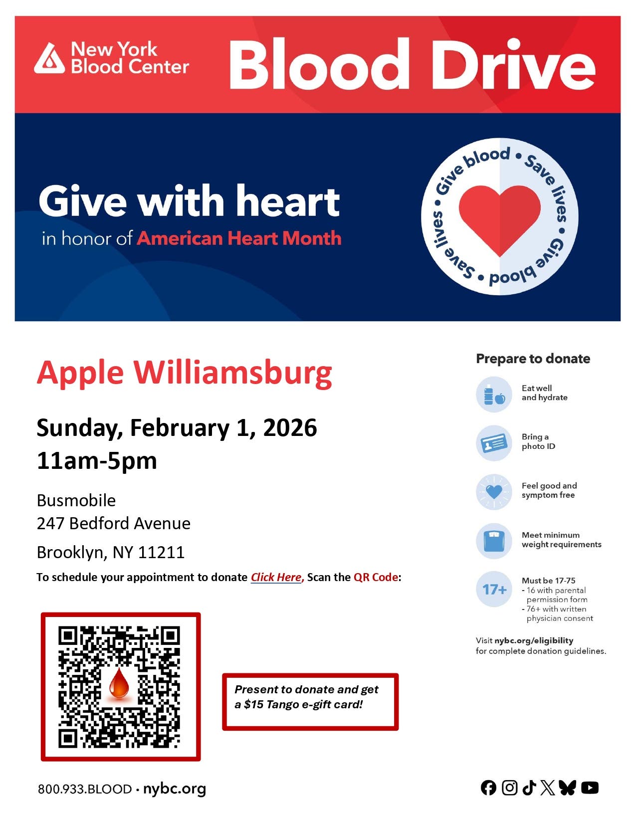 Williamsburg American Heart Month Blood Drive - $15 Tango e-gift card for donors!