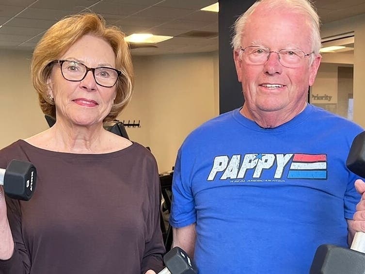 Residents Bev and Mac Hudgins love visiting Avery Point's state-of-the-art fitness center--especially to lift free weights.