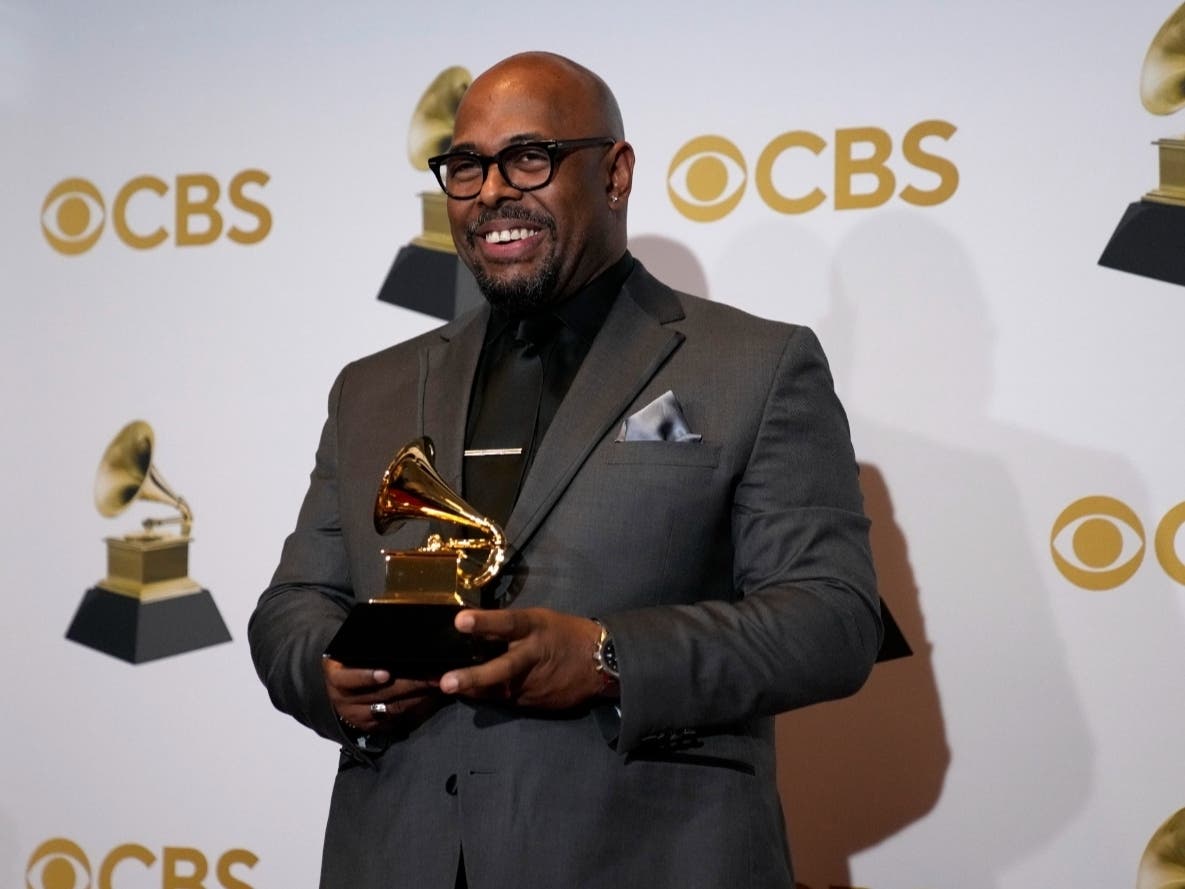 Christian McBride, winner of the award for best large jazz ensemble album for "For Jimmy, Wes And Oliver," poses in the press room at the 64th Annual Grammy Awards at the MGM Grand Garden Arena on Sunday, April 3, 2022, in Las Vegas.
