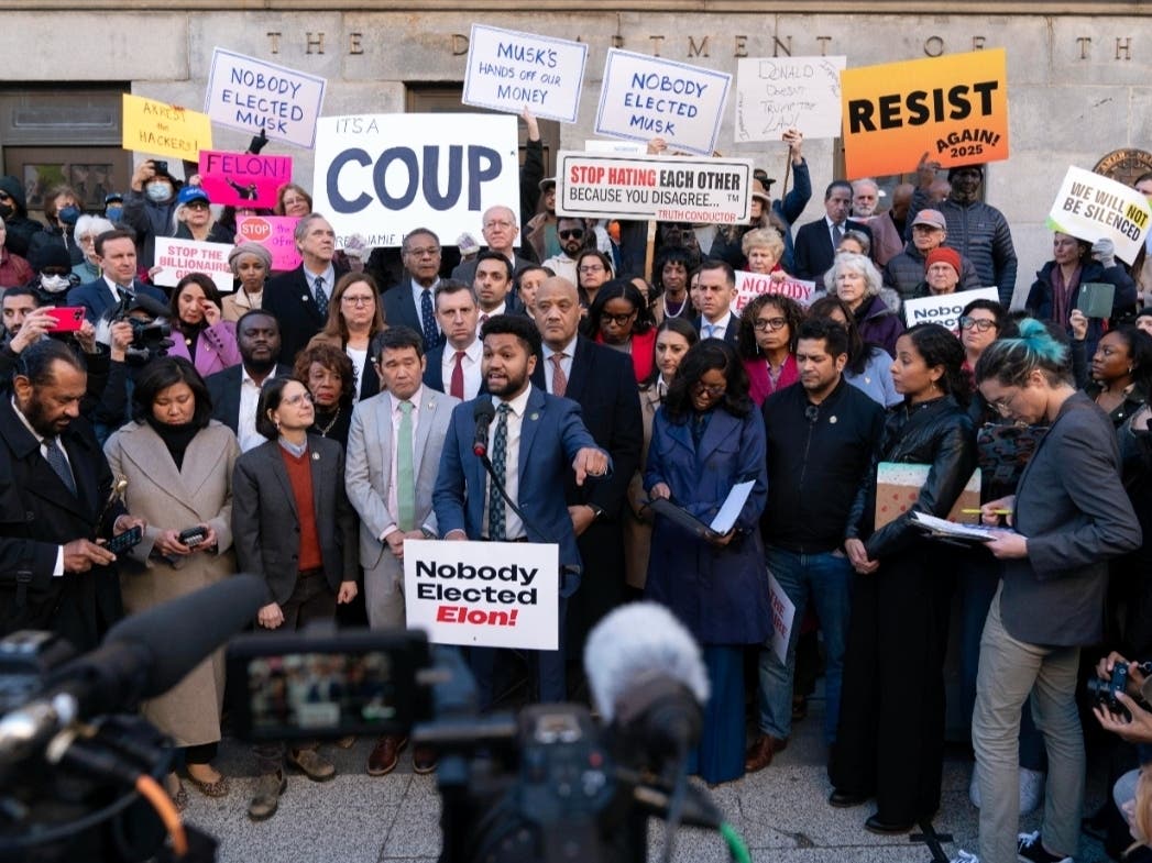 Several U.S. Congress members, including Rep. LaMonica McIver of New Jersey, spoke at a rally against Elon Musk outside the Treasury Department in Washington D.C. on Feb. 4, 2025.
