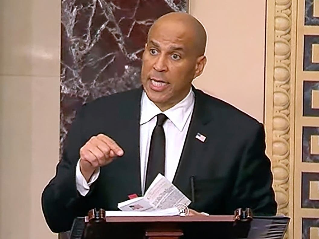 In this image provided by Senate Television, Sen, Cory Booker, D-N.J. speaks on the Senate floor, Tuesday morning, April 1, 2025.