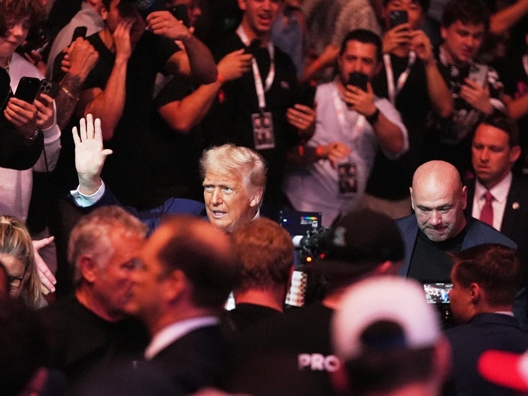 President Donald Trump attends the UFC-316 mixed martial arts event, at the Prudential Center, Saturday, June 7, 2025, in Newark, N.J., with UFC's Dana White.