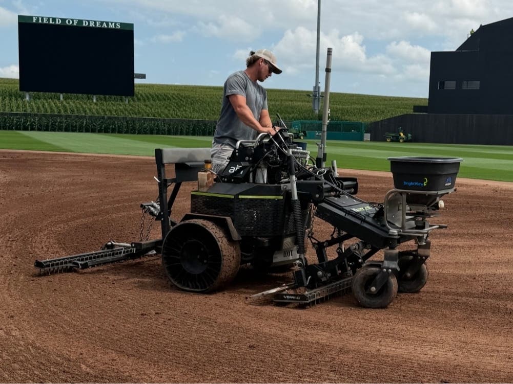 BrightView landscaping, based in Montgomery County, prepared the Field of Dreams stadium grounds ahead of Thursday night's Phillies vs. Twins game. 