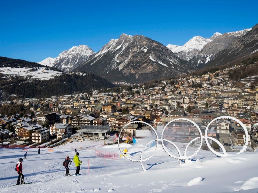 Olympic rings are displayed near a slope of the Stelvio Ski Center, venue for the alpine ski and ski mountaineering disciplines, at the 2026 Milan Cortina Winter Olympics, in Bormio, Italy, Jan. 16, 2025.