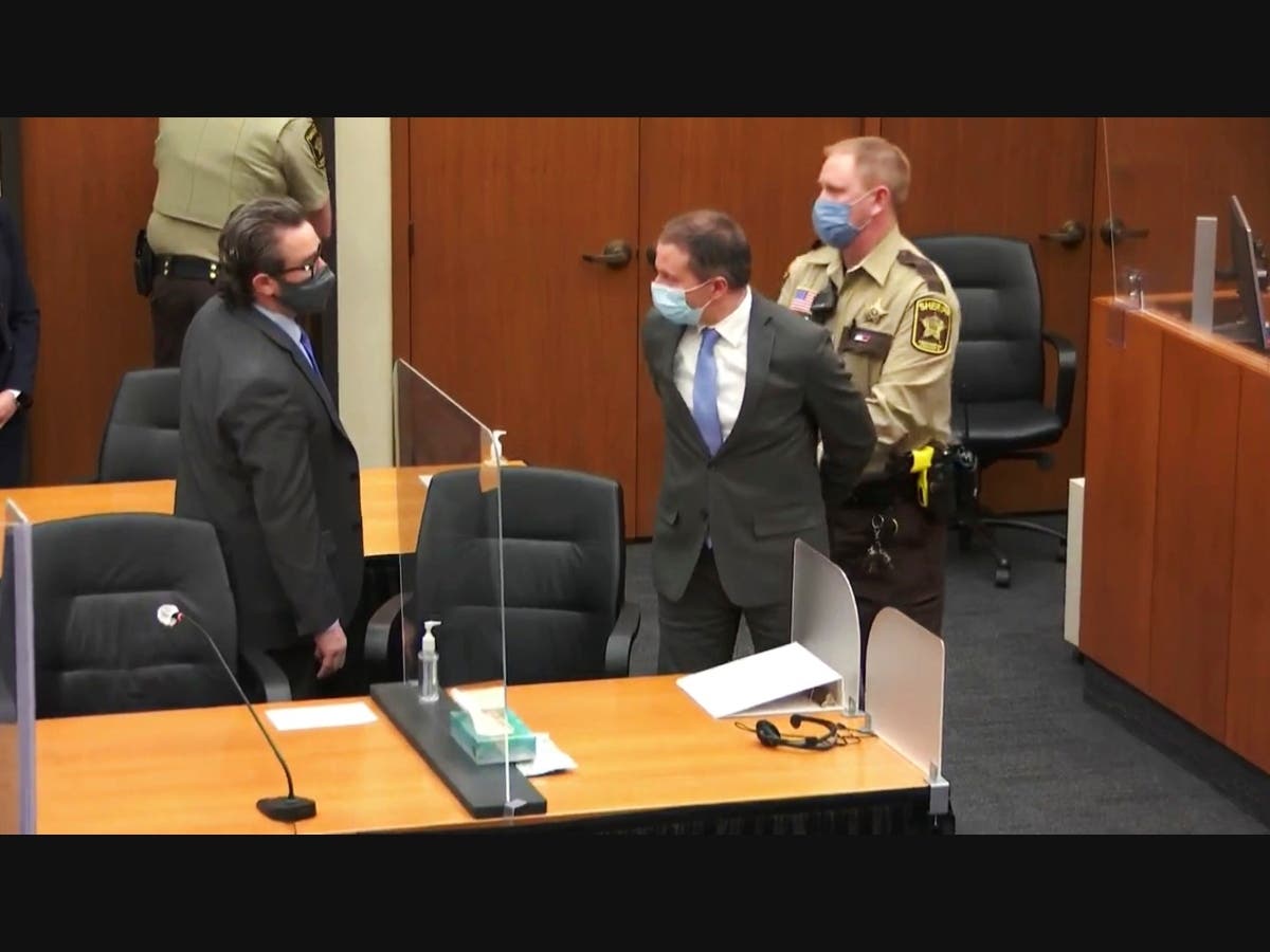 In this image from video, former Minneapolis police Officer Derek Chauvin, center, is taken into custody as his attorney, Eric Nelson, left, looks on, after the verdicts were read at Chauvin's trial for the 2020 death of George Floyd.