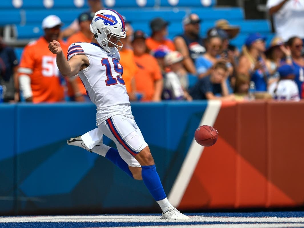 Buffalo Bills punter Matt Araiza warms up before a preseason NFL football game against the Denver Broncos in Orchard Park, New York, Saturday, Aug. 20, 2022.