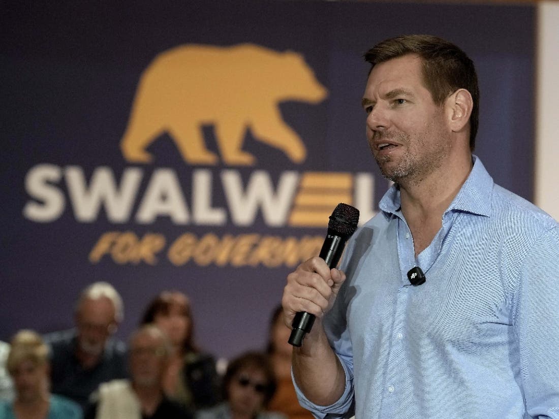 California gubernatorial candidate, Rep. Eric Swalwell, D-CA appears at a town hall meeting in Sacramento, Calif., Tuesday, April 7, 2026.