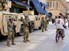 Minnesota National Guard soldiers stand watch along the famous Nicollet Mall, Thursday, Aug. 27, 2020, in downtown Minneapolis.
