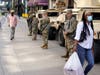 Minnesota National Guard soldiers stand watch along the famous Nicollet Mall Thursday, Aug. 27, 2020, in downtown Minneapolis.