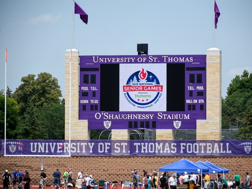 Athletes compete at the University of St. Thomas during the National Senior Games presented by Humana on Thursday, July 9, 2015, in St. Paul, Minn. 