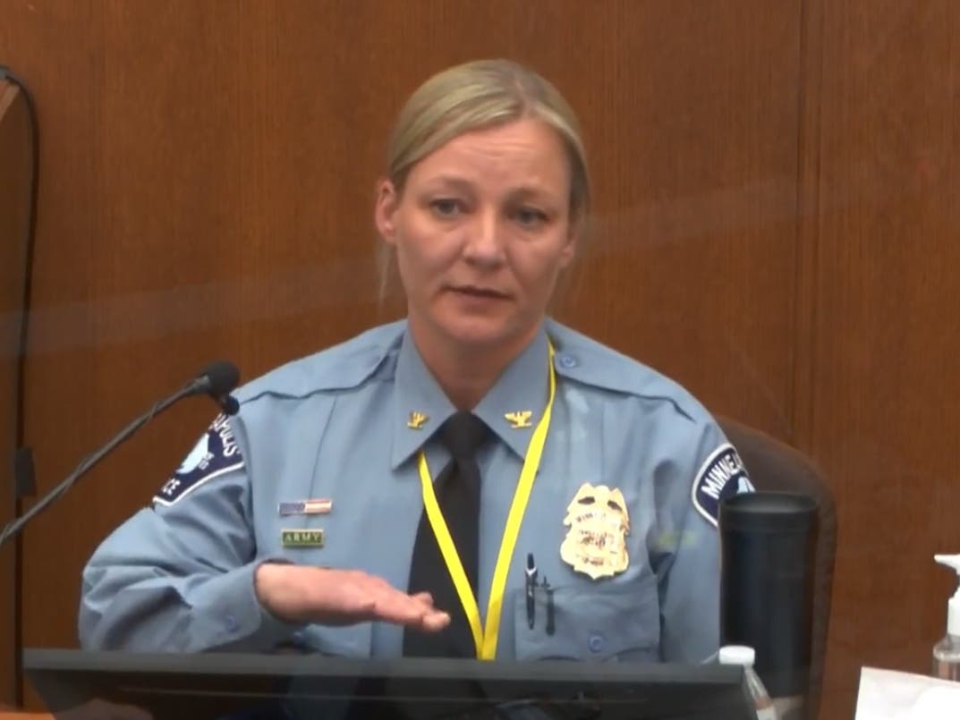 In this image from video, Minneapolis Police Inspector Katie Blackwell testifies April 5, 2021, in the trial of former Minneapolis police Officer Derek Chauvin Minneapolis, Minn.