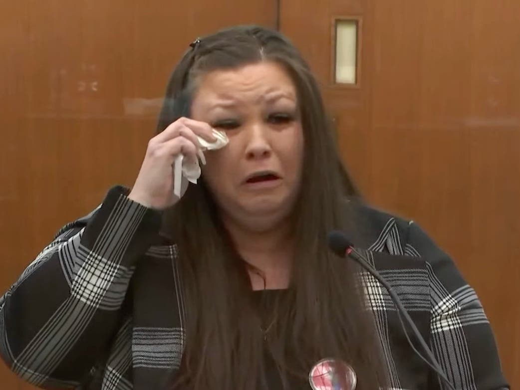 In this screen grab from video, Katie Wright, mother of Daunte Wright, wipes away a tear as she speaks during the sentencing hearing of former Brooklyn Center police officer Kim Potter on Friday at the Hennepin County Courthouse in Minneapolis.