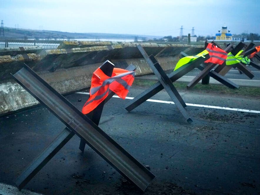 Anti-tank traps are seen on the outskirts of Odesa, Ukraine, Tuesday, March 1, 2022. Russia on Tuesday stepped up shelling of Kharkiv, Ukraine's second-largest city, pounding civilian targets there. 
