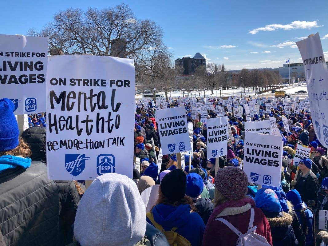 At least 2,000 striking Minneapolis teachers, support staff and their supporters rallied outside the State Capitol in St. Paul, Minn., on Wednesday, March 9, 2022. 