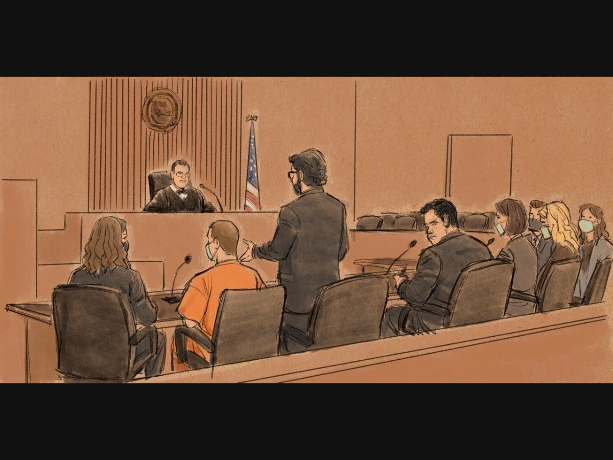 In this courtroom sketch, attorney Eric Nelson speaks to U.S. District Judge Paul Magnuson during a hearing where Derek Chauvin pleaded guilty to a federal charge of violating George Floyd's civil rights on Wednesday, Dec. 15, 2021.