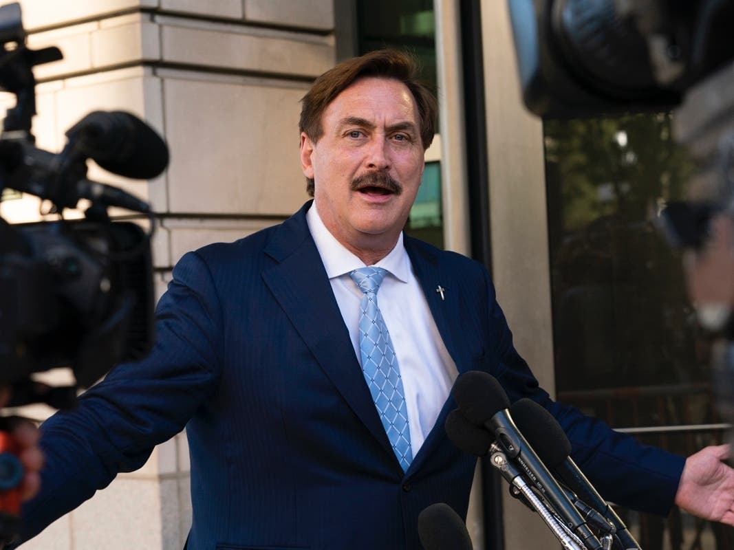 MyPillow chief executive Mike Lindell speaks to reporters outside federal court in Washington, Thursday, June 24, 2021. 