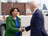 President Joe Biden shakes hands with Sen. Amy Klobuchar, D-Minn., as he arrives at Minneapolis−Saint Paul International Airport, Monday, April 3, 2023, in Minneapolis.