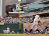 Minnesota Twins pitcher Sonny Gray, bottom, left, pitches to Toronto Blue Jays' Kevin Kiermaier during the fourth inning of Game 2 of an AL wild-card baseball playoff series Wednesday, Oct. 4, 2023, in Minneapolis.