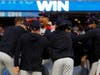 Minnesota Twins pitcher Jhoan Duran, middle, celebrates with teammates after the Twins defeated the Toronto Blue Jays in Game 2 of an AL wild-card baseball playoff series Wednesday, Oct. 4, 2023, in Minneapolis. 