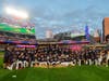 Minnesota Twins players and staff celebrate after defeating the Toronto Blue Jays in Game 2 of an AL wild-card baseball playoff series Wednesday, Oct. 4, 2023, in Minneapolis.