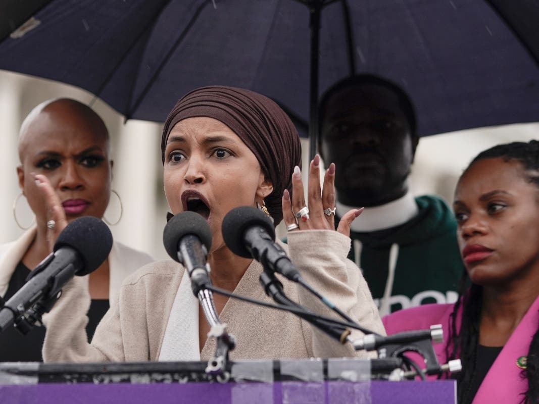 Rep. Ilhan Omar, D-Minn., second from left, talks during a press conference to call for a ceasefire in Israel and Gaza on Capitol Hill, Friday, Oct. 20, 2023, in Washington.