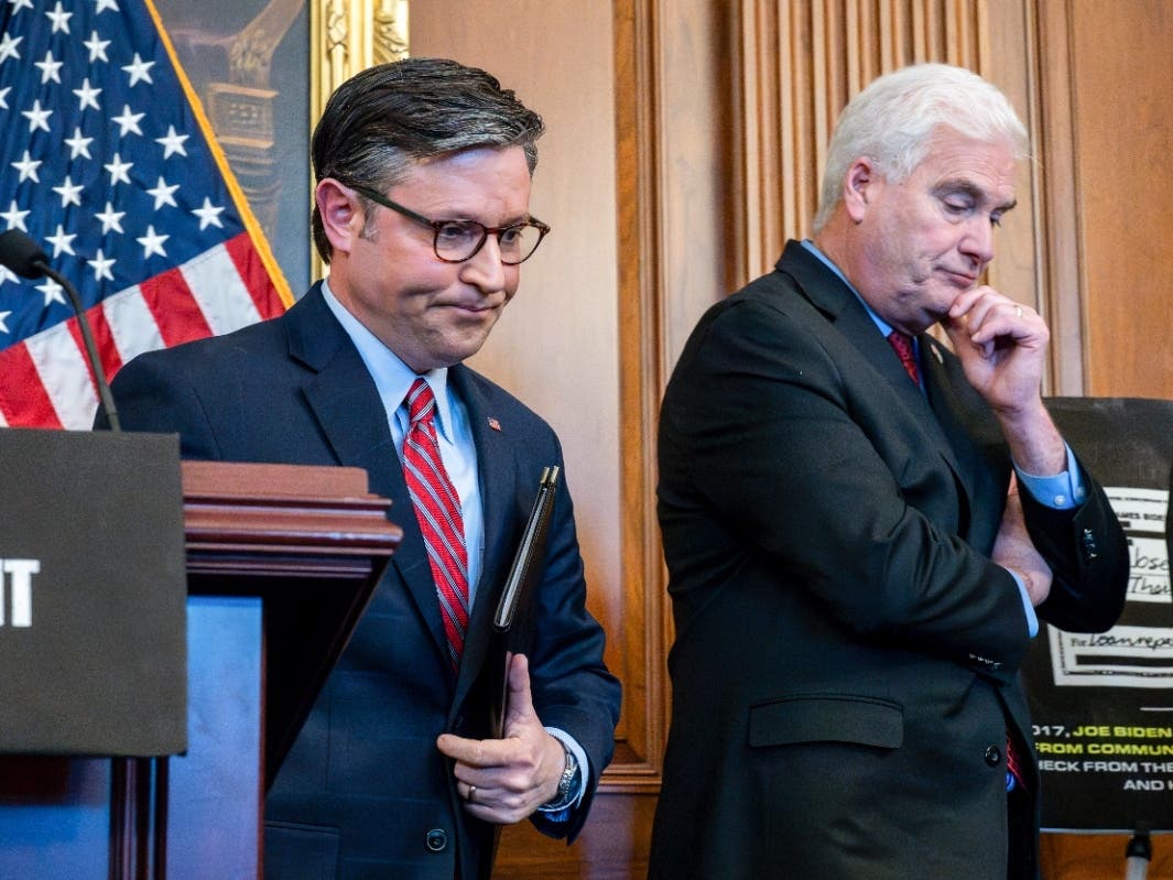 Speaker of the House Mike Johnson, R-La., left, and Majority Whip Tom Emmer, R-Minn., wrap up a news conference after House Republicans meet with reporters to discuss their efforts to investigate President Joe Biden and his son Hunter Biden, at the Capito