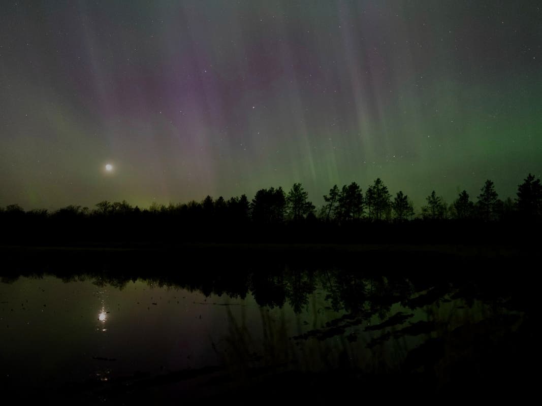 The northern lights glow in the sky over St. Croix State Forest near Markville, Minn., late Friday, May 10, 2024.