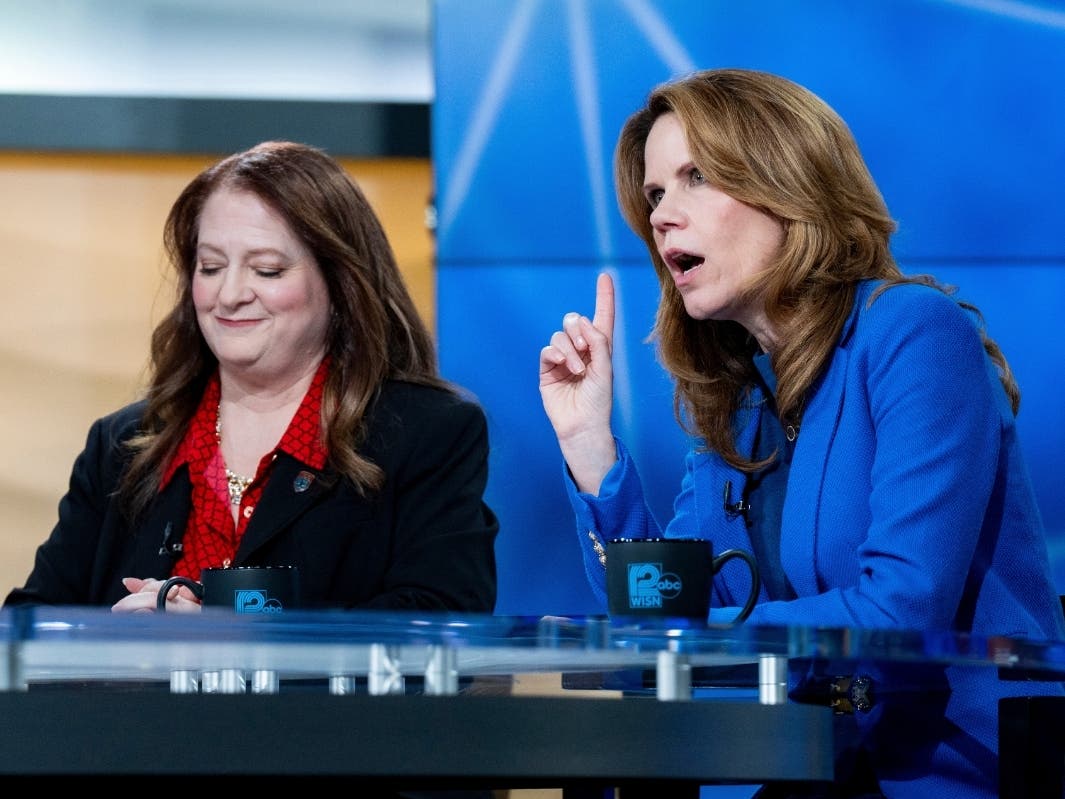 Wisconsin Supreme Court candidates, Court of Appeals Judges Maria Lazar, left, and Chris Taylor participate in the Wisconsin Supreme Court debate hosted by WISN 12 News on Thursday, April 2, 2026, at WISN-TV in Milwaukee.