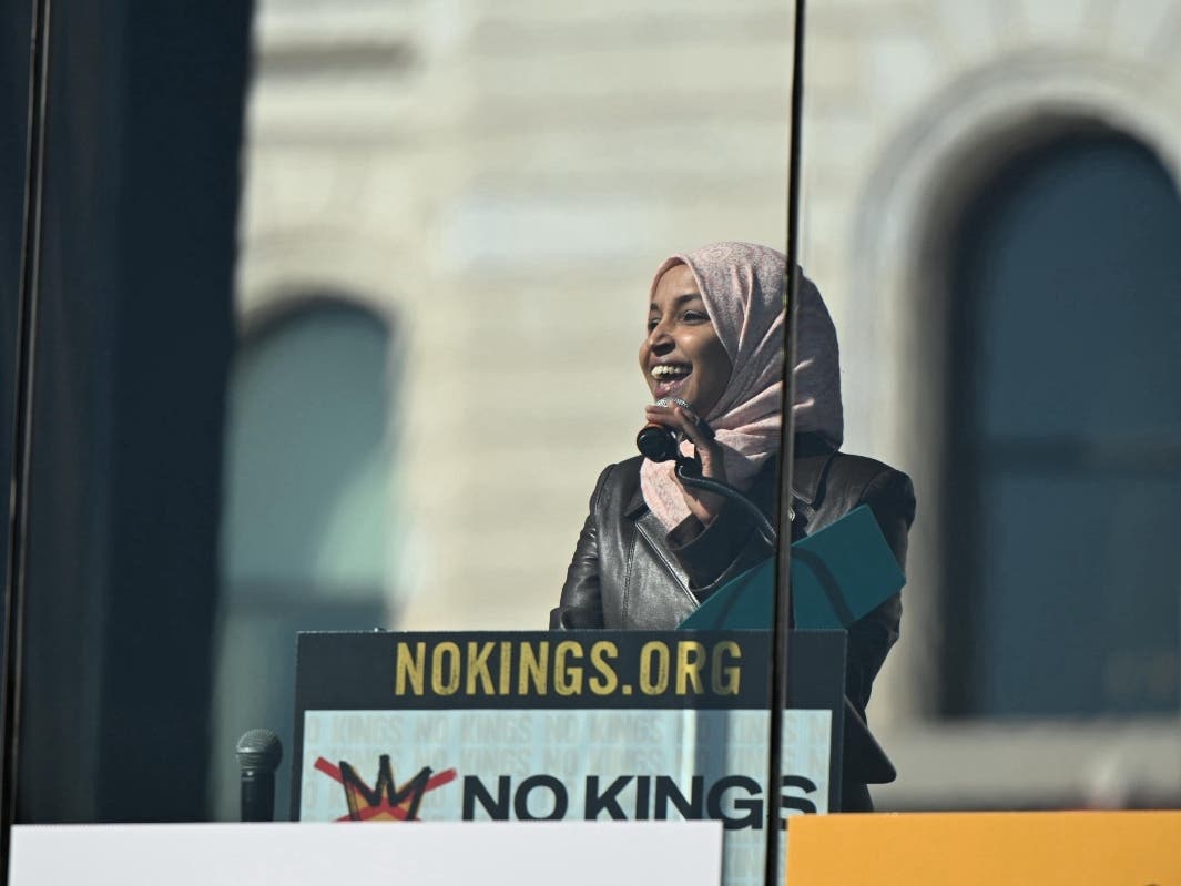 Rep. Ilhan Omar, D-Minn., speaks during the "No Kings" protest Saturday, March 28, 2026, in St. Paul, Minn. 