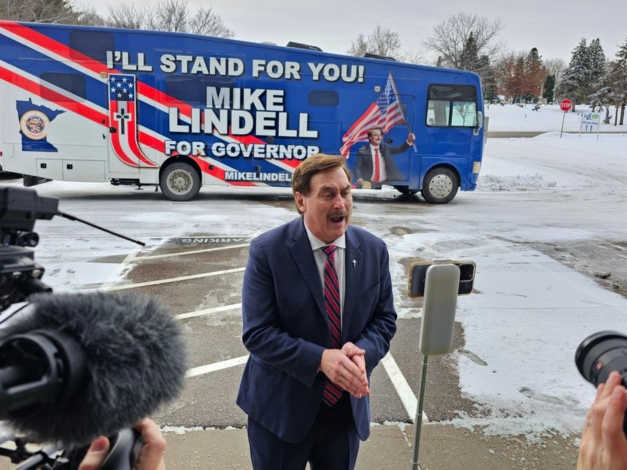 MyPillow CEO and founder Mike Lindell speaks to reporters at his MyPillow factory in the Minneapolis suburb of Shakopee, Minn., on Thursday, Dec, 11, 2025, as he launches his campaign for the Republican nomination to challenge Democratic Minnesota Gov. Ti