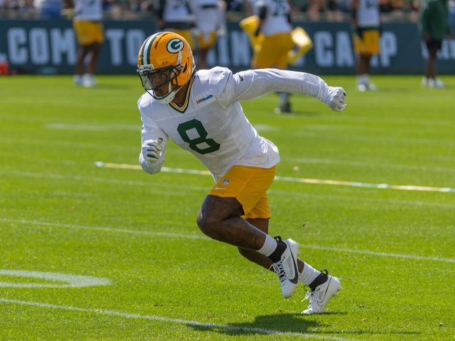 Green Bay Packers running back Josh Jacobs (8) during the NFL football team's training camp, Sunday, Aug. 2, 2026, in Green Bay, Wis.