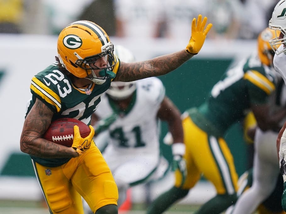 Green Bay Packers wide receiver Skyy Moore (23) runs with the ball during an NFL football game against the New York Jets in East Rutherford, N.J., Sunday, Sept. 20, 2026. The Packers won 20-17 in overtime.