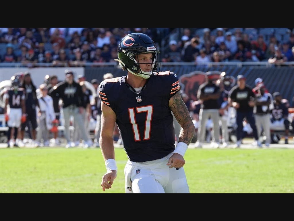 Chicago Bears quarterback Tyson Bagent passes the ball during the second half of an NFL football game against the New York Jets in Chicago, Sunday, Oct. 4, 2026.