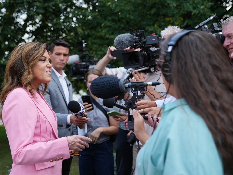 Michele Tafoya, a Republican candidate for U.S. Senate, answers questions after voting on Tuesday, Aug. 11, 2026, in Minneapolis.