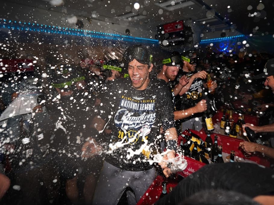 Milwaukee Brewers designated hitter Christian Yelich celebrates winning the NLCS Championship after Game 4 of baseball's National League Championship Series between the Milwaukee Brewers and the Los Angeles Dodgers, Thursday, Oct. 15, 2026, in Los Angeles