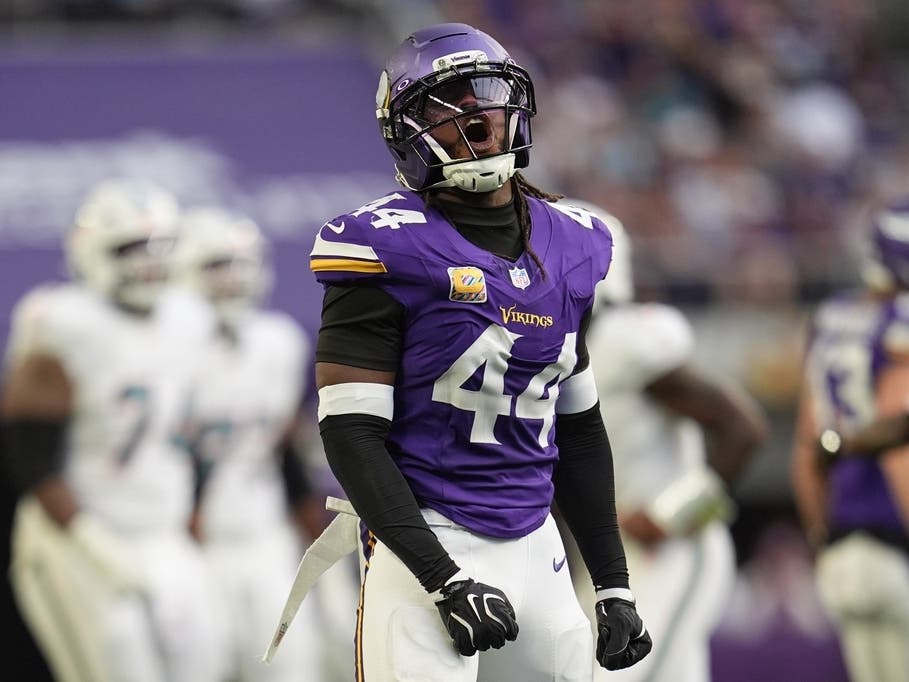 Minnesota Vikings safety Joshua Metellus (44) celebrates during the second half of an NFL football game against the Miami Dolphins Sunday, Oct. 4, 2026, in Minneapolis.