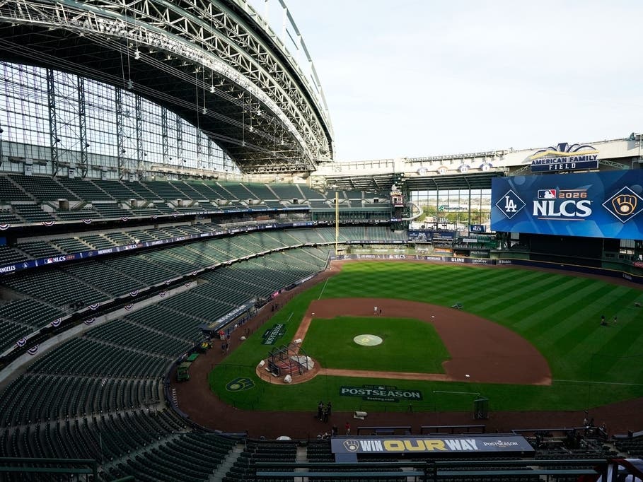 American Family Field is visible ahead of Game 1 of baseball's National League Championship Series between the Milwaukee Brewers and the Los Angeles Dodgers, Saturday, Oct. 10, 2026, in Milwaukee.