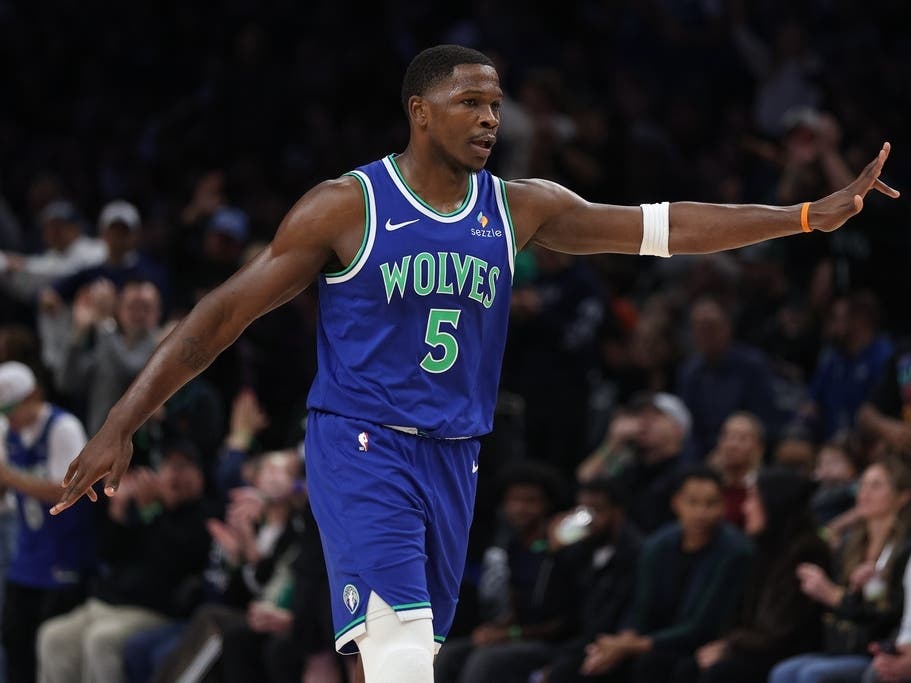 Minnesota Timberwolves guard Anthony Edwards celebrates scoring during the first half of an NBA basketball game against the Toronto Raptors, Sunday, Oct. 25, 2026, in Minneapolis.