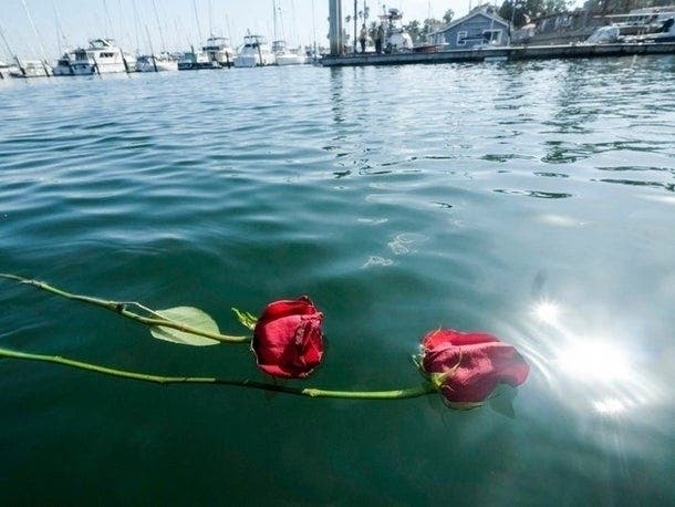 Flowers float on the water near the Sea Landing at Santa Barbara Harbor in Santa Barbara, Calif., Monday, Sept. 2, 2019. A fire raged through a boat carrying recreational scuba divers anchored near an island off the Southern California coast.